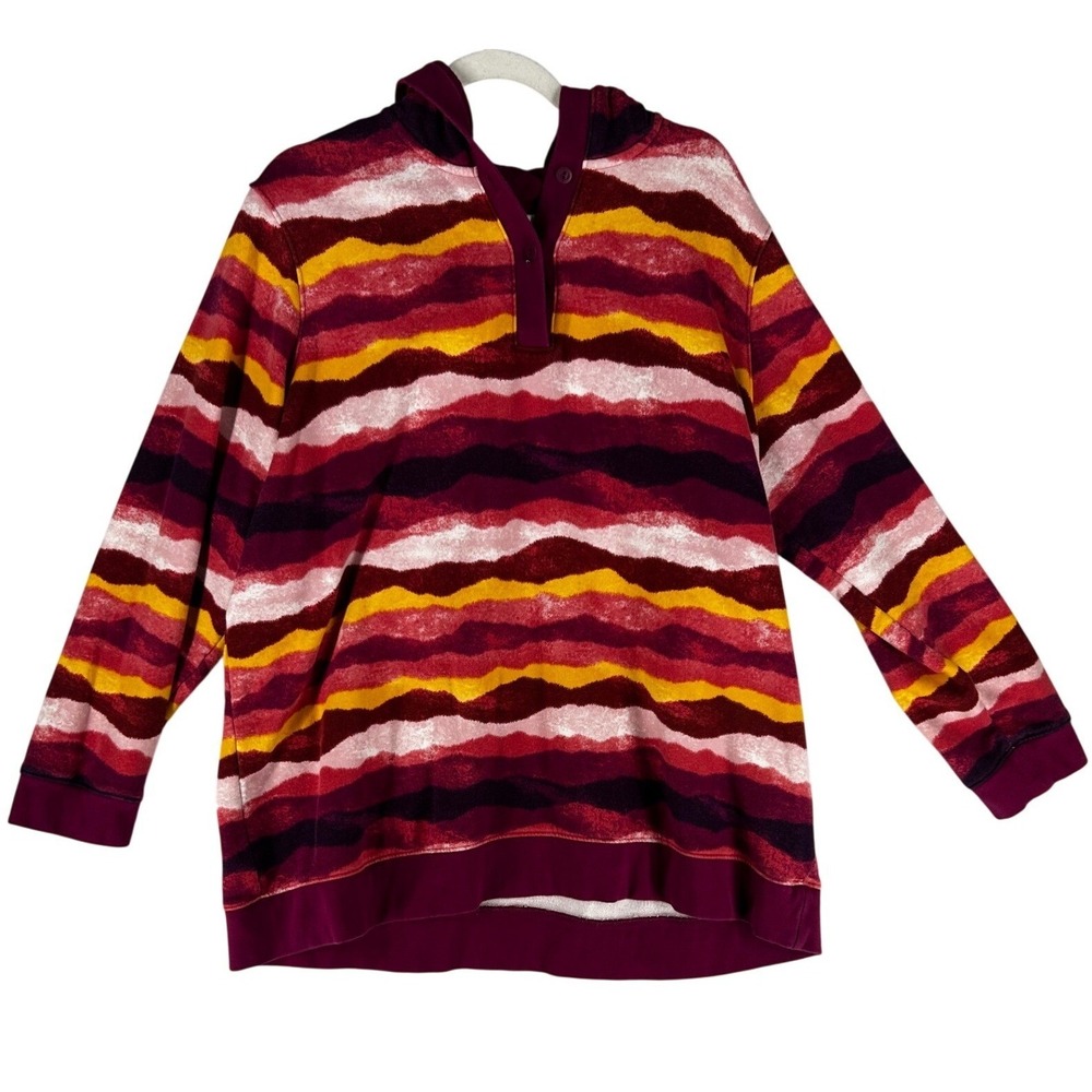 Lands' End Serious Sweats Striped Hooded Sweatshirt 1/4 Button Neck Women's 2X